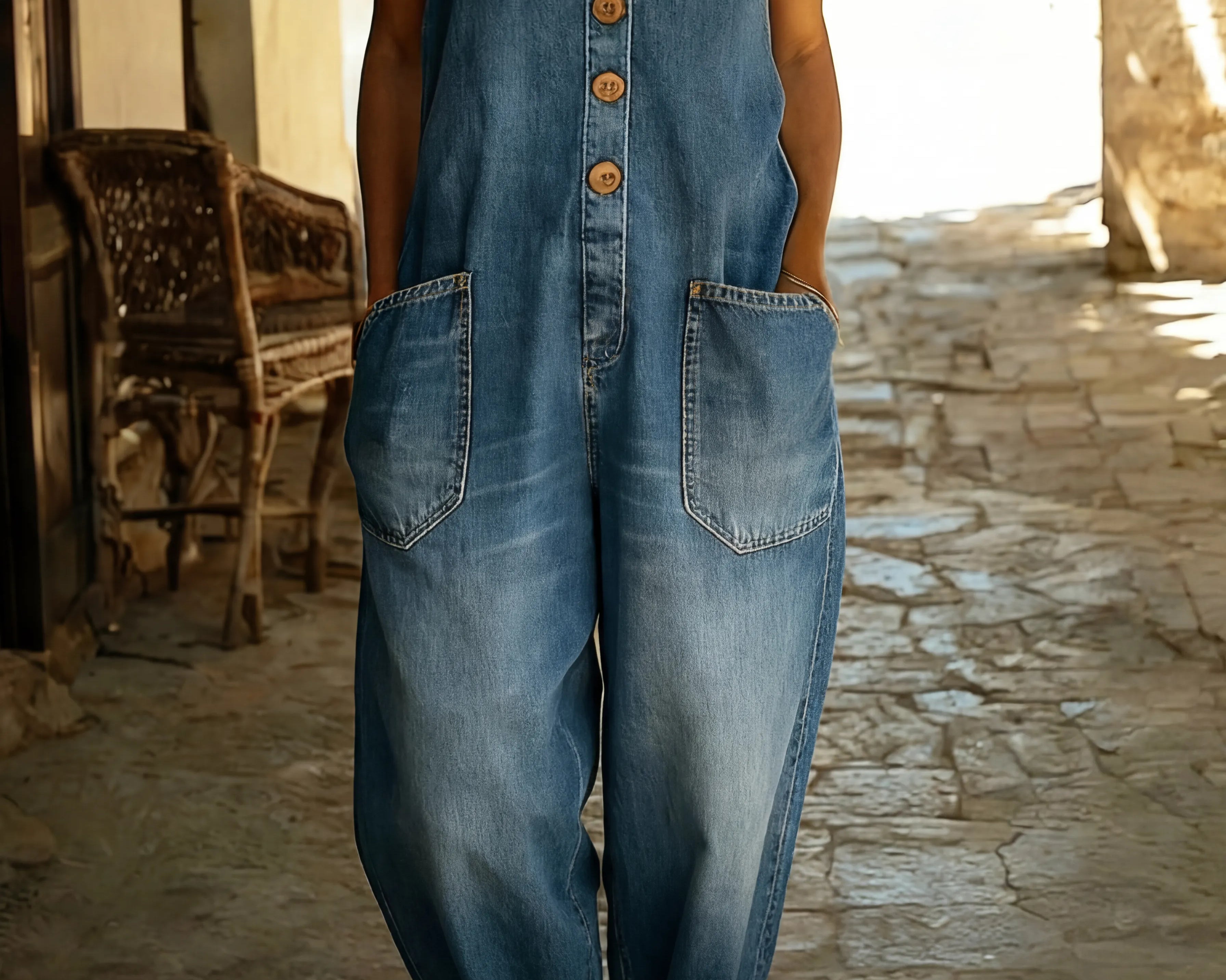 Rocio - Lahe denim kombinesoon reguleeritava klambriga
