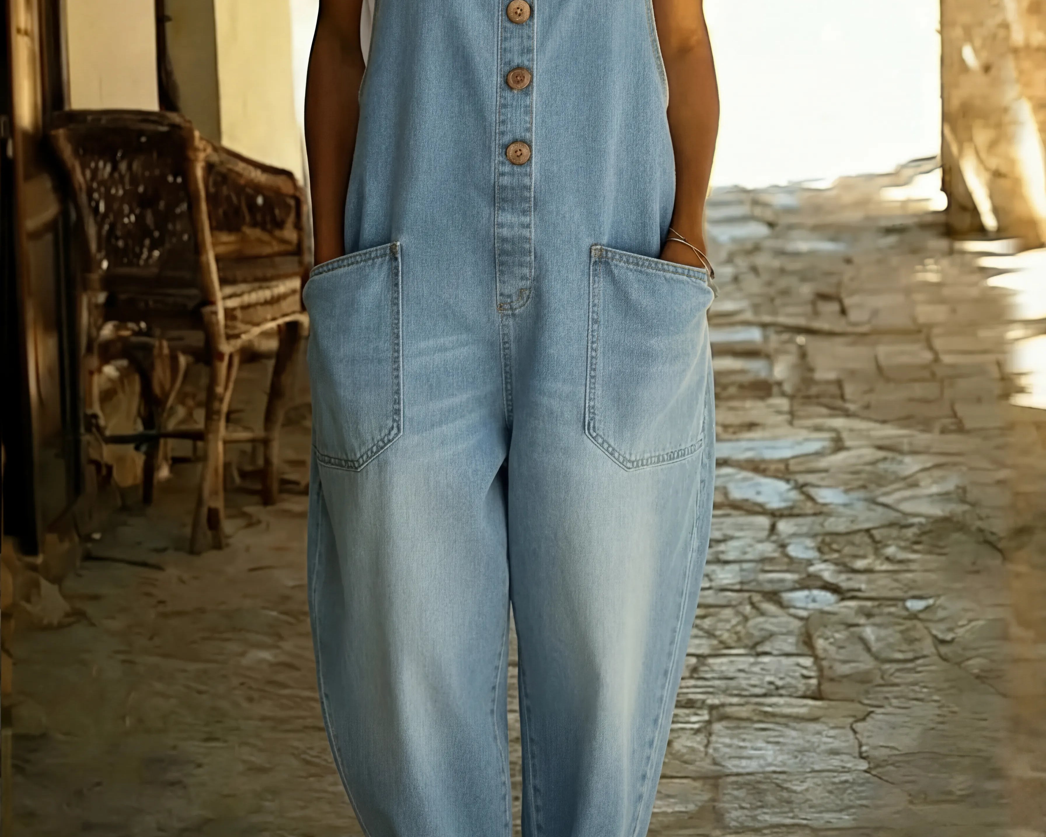 Rocio - Lahe denim kombinesoon reguleeritava klambriga